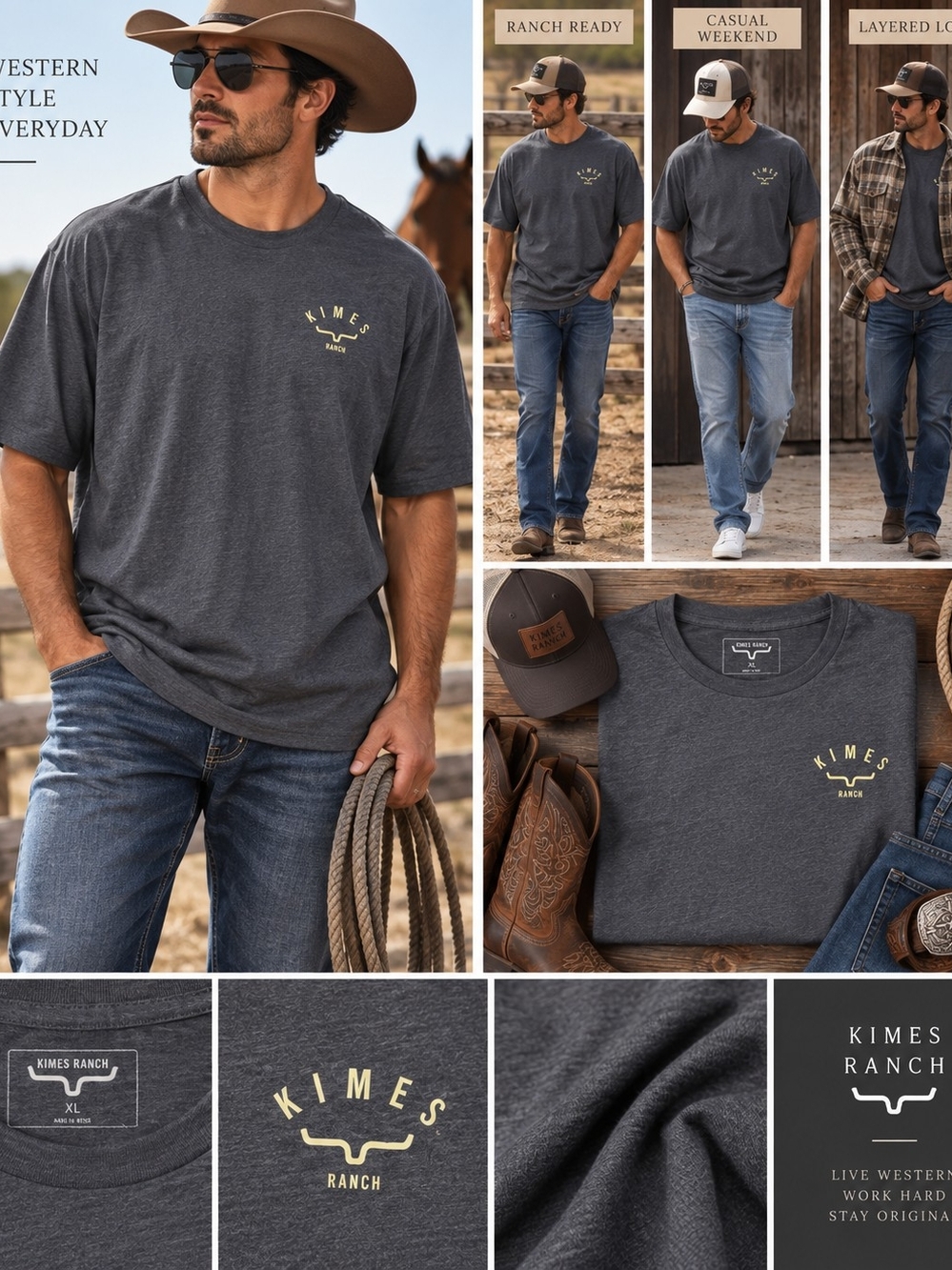 Kimes Ranch Men’s Charcoal Gray Logo T-Shirt Western Cowboy Ranch Tee XXL.